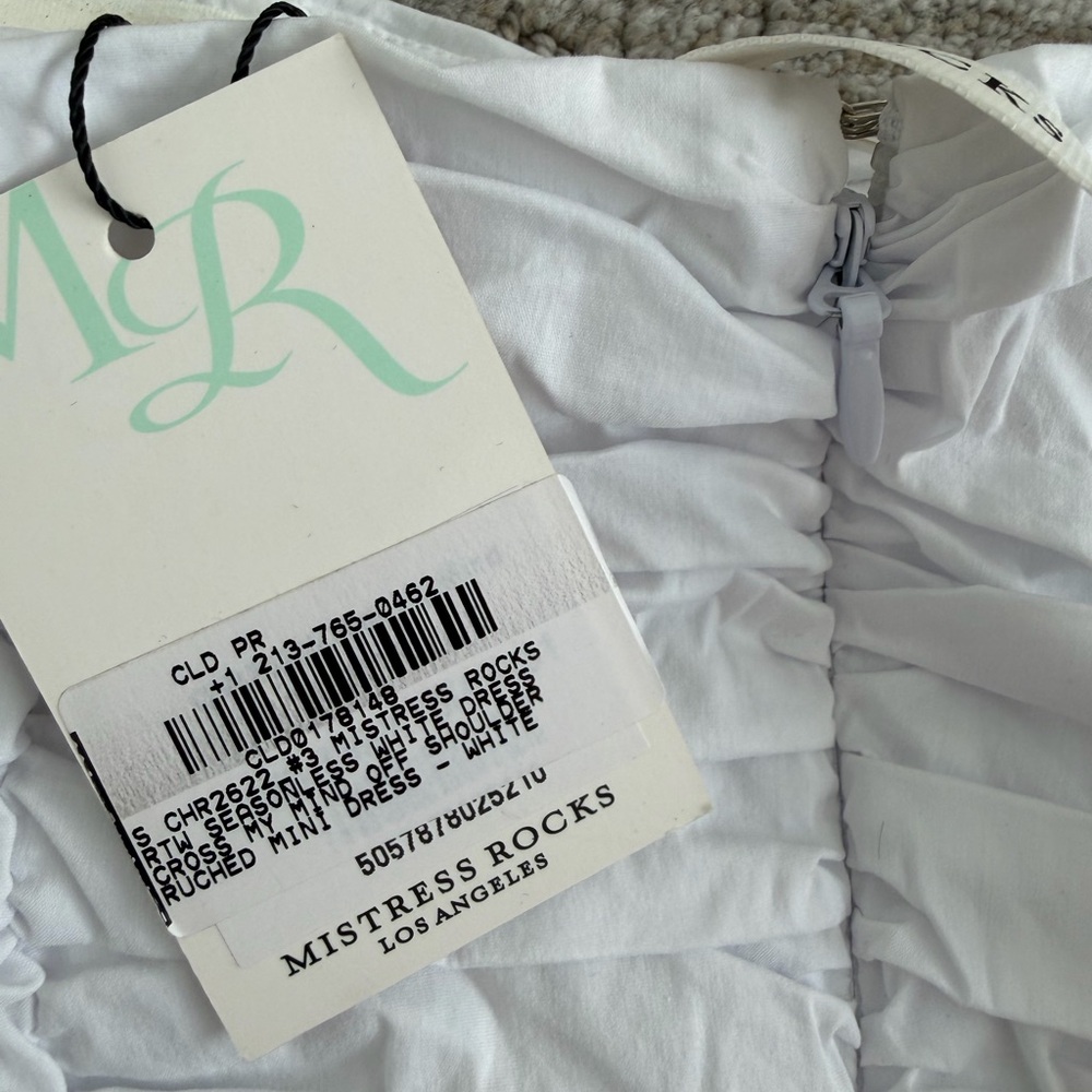 Mistress Rocks Cross My Mind Off-Shoulder Ruched White Mini Dress - Picture 10 of 10